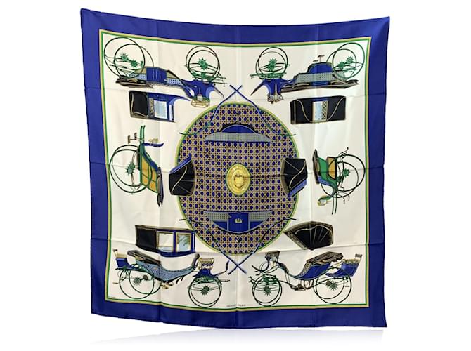 Hermès Hermes Silk Scarf Les Voitures A Transformation 1965 De La Perriere Blue  ref.2043831