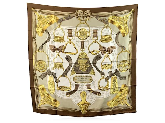 Hermès Hermes Vintage Brown Silk Scarf Etriers 1964 Francoise de la Perriere  ref.2043835