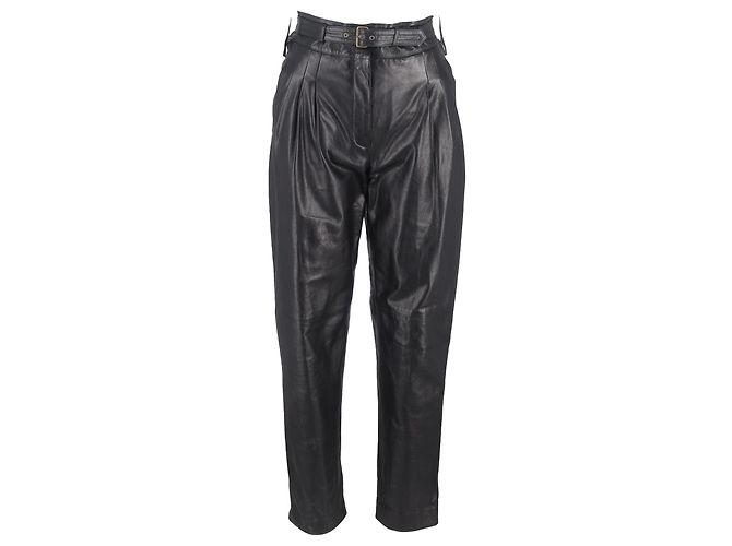 Calças tapered em couro preto com cinto acentuado da Alberta Ferretti