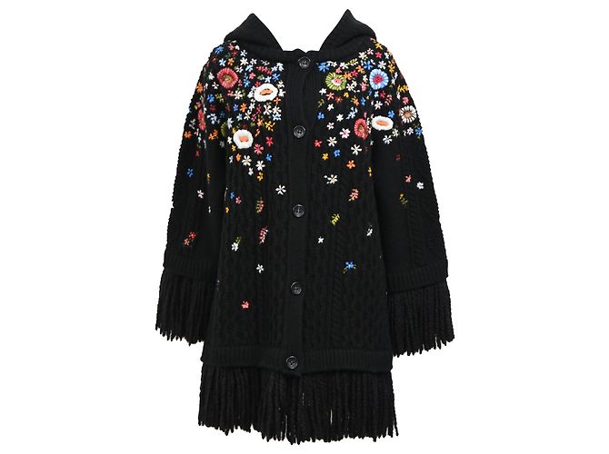 Red Valentino Rot Valentino bestickter Fransen-Cardigan aus schwarzer Wolle