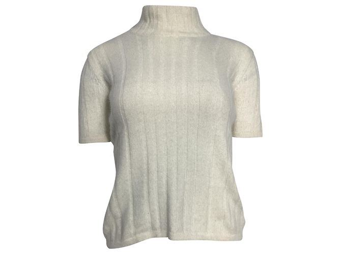 Kurzarmpullover mit Rollkragen aus Strick in Elfenbeinwolle von Valentino Garavani Weiß Roh