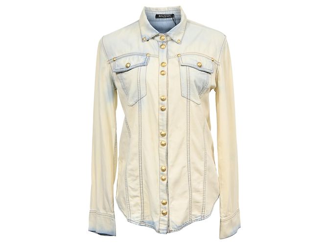 Camisa de denim desbotado Balmain em algodão azul claro