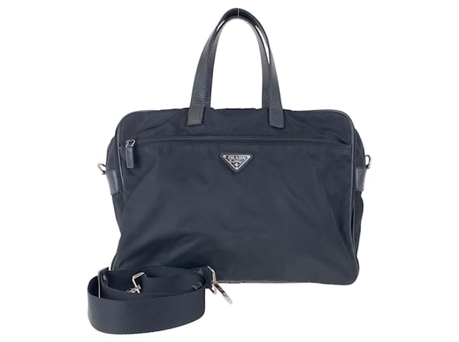 Prada Tessuto Saffiano Triangle Logo Briefcase Black Leather Nylon  ref.2047477