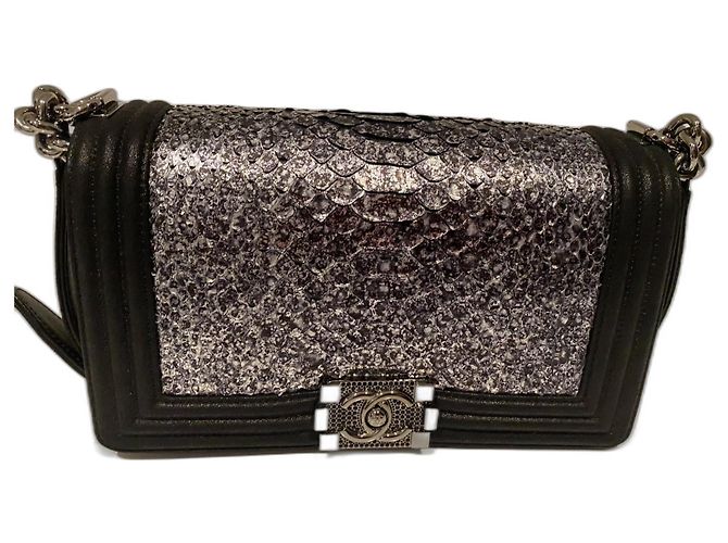 CHANEL BOY Silver Python & Black Goatskin Medium Boy Bag RARE!  * Collectors Piece* Silvery Silver hardware