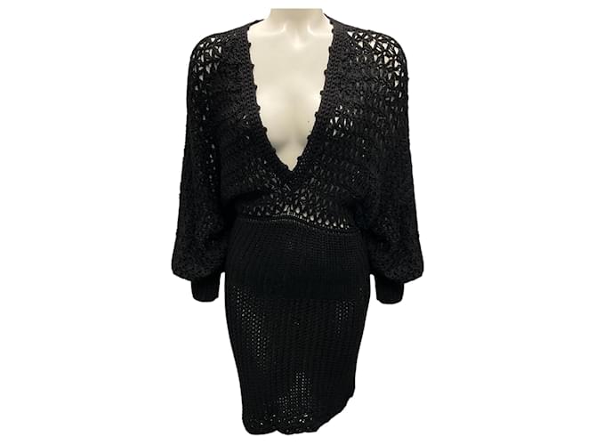 Autre Marque Frederick Anderson Collection Black Long Sleeved V-Neck Cotton Knit Dress  ref.2051178