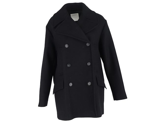 Max Mara Sportmax Double-Breasted Peacoat in Black Wool