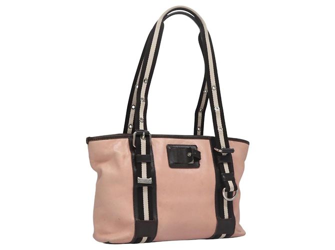 BALLY Tote Bag Leather Pink Dark Brown Silver Auth bs22247 Silvery