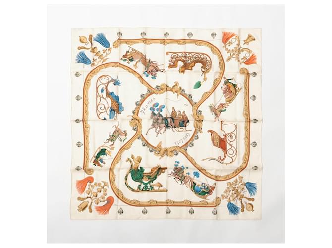 Hermès Carré 90 "Plumes et Grelots" 100% Silk Scarf in Beige  ref.2056658