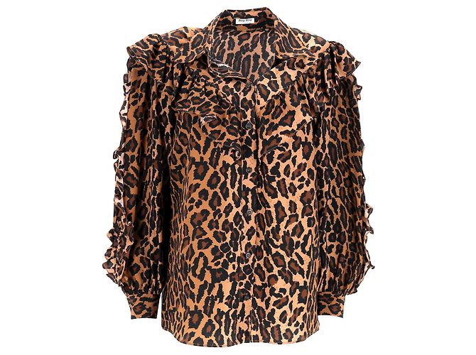 Camisa de seda marrón con estampado de leopardo Miu Miu