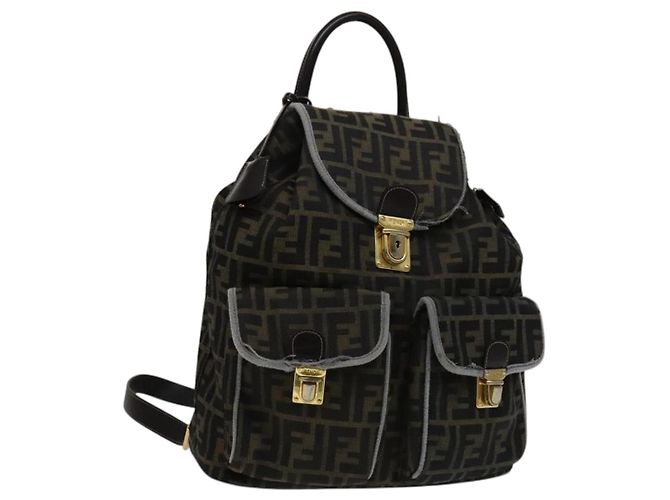 FENDI Zucca Canvas Backpack Brown Black gold Auth 111351 Golden