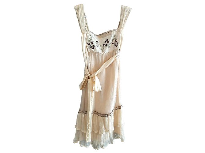 Autre Marque Vestido Kalebob de seda bege com bordado floral e renda