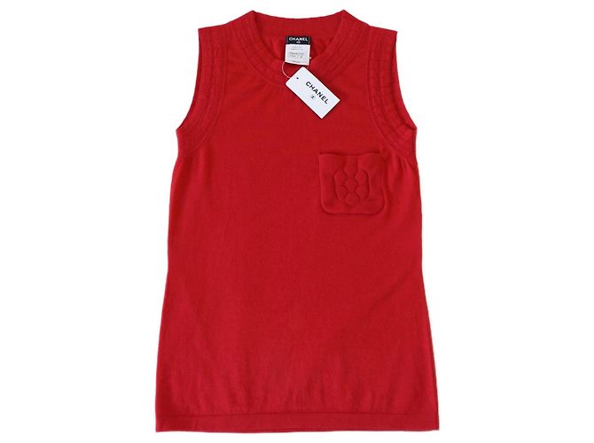 Top Chanel de Cachemira Rojo con Camelia Bordada Roja