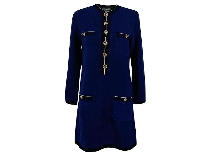 Chanel Nuevo Icono La Pausa CC Botones Vestido Azul marino