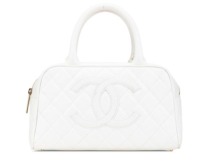 Chanel White CC gesteppte Kaviar Bowlingtasche Weiß