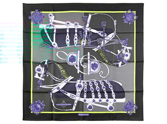 Hermès Gray Harnais De Cour Silk Scarf Brown Cloth  ref.2060458