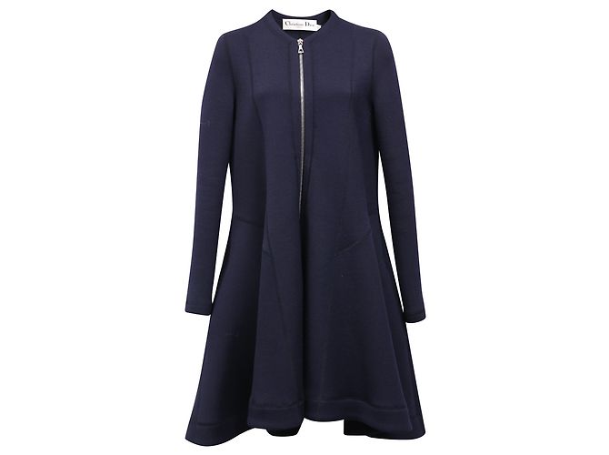 Dior Zipped-Up Midi Flared Dress in Navy Blue Polyester
