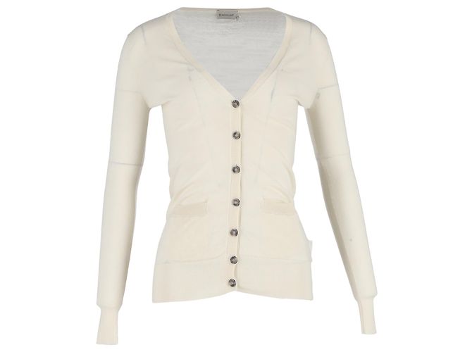 Moncler Knopf-Cardigan aus cremefarbener Wolle Weiß Roh