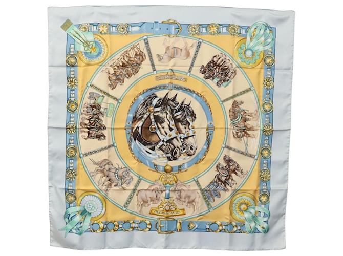 Hermès Foulard HERMES Carré 90 ""CHEVAUX DE TRAIT"" Soie Bleu Clair Auth 115813  ref.2061845