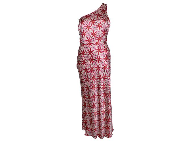 Autre Marque Vestido midi de seda satinada impressa com um ombro Saloni Rosa Vermelho