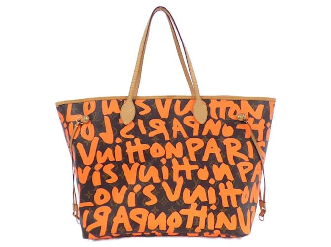 Bolsa Neverfull Monogram Graffiti Louis Vuitton Marrom Laranja Lona  ref.2062410