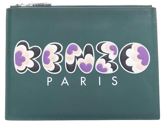 Kenzo dark debossed rubber logo portfolio zip clutch Green Leather  ref.2062792