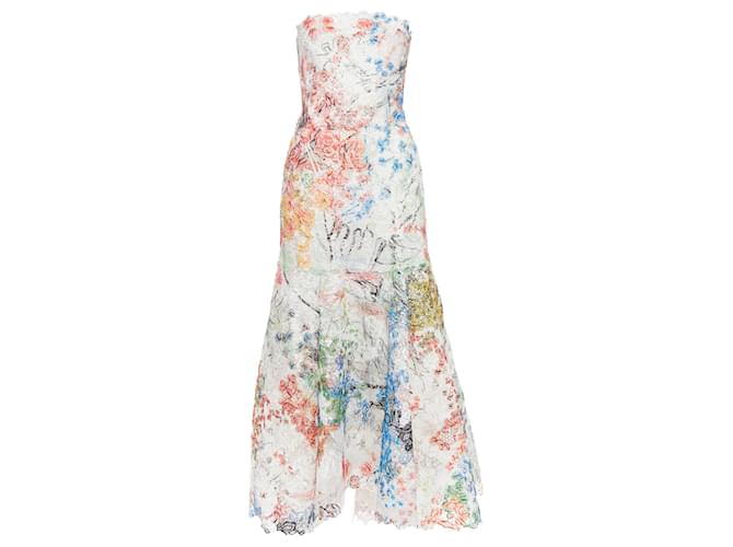 Autre Marque Monique Lhuillier Runway scribble print lace lace strapless midi dress Multiple colors Polyester  ref.2062876