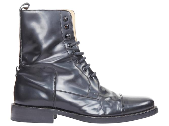 Balenciaga polished leather lace up topstitch combat boots Black  ref.2063276