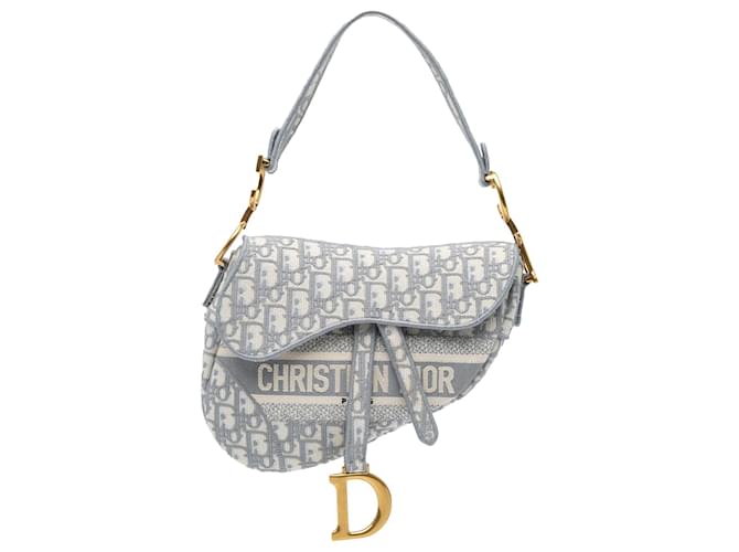 Dior Gray Oblique Embroidered Canvas Saddle Bag Brown Grey Leather Cloth Pony-style calfskin Cloth  ref.2063945