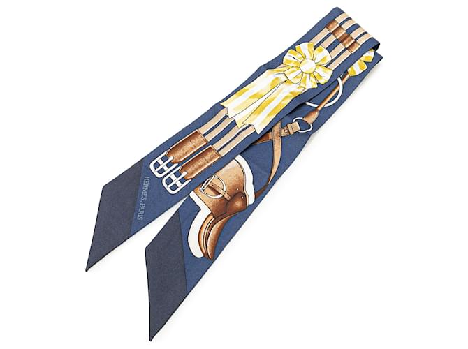 Hermès Blue Jumping Silk Twilly Scarf Dark blue Cloth  ref.2064092