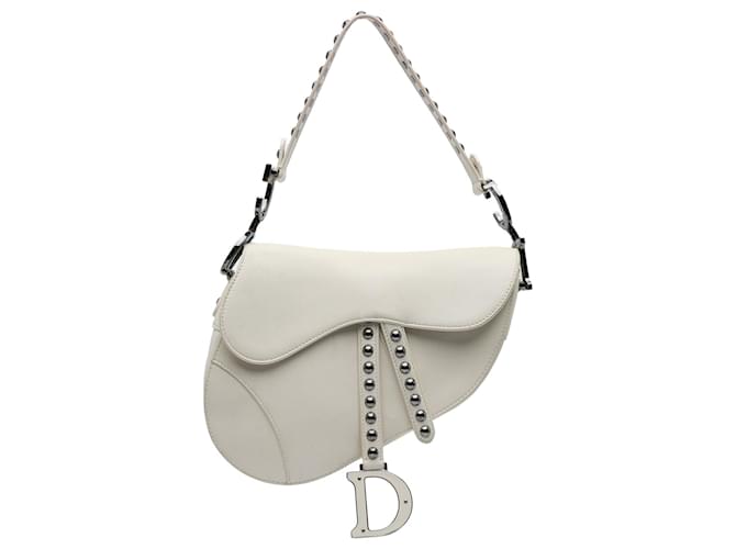 Dior White Studded Leather Saddle Bag Pony-style calfskin  ref.2064178
