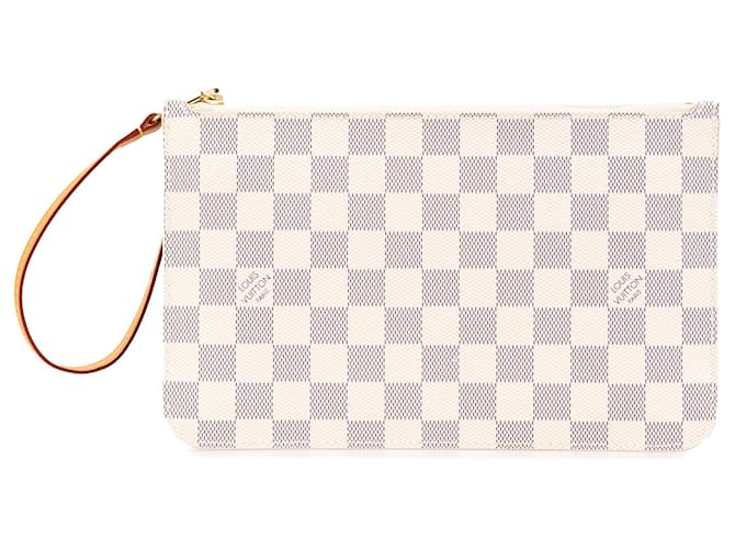 Pochete Neverfull Damier Azur Branco Louis Vuitton Azul Couro Lona  ref.2064311
