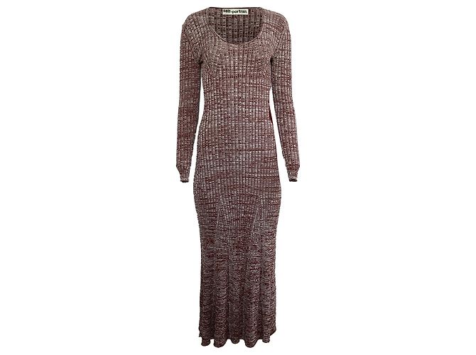Self portrait Vestido maxi de viscose vermelha com acabamento em guipure e malha canelada Vermelho Bordeaux