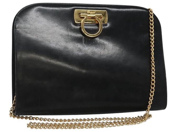 Borsa a spalla in pelle nera e oro Gancini Chain di Salvatore Ferragamo Auth bs22402 Noir Doré