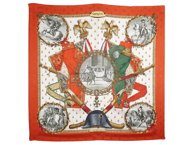 Hermès Hermes Carree90 Scarf Muffler NAPOLEON White Orange Silk  ref.2067793