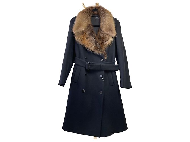 Joseph black wool coat with beaver fur collar