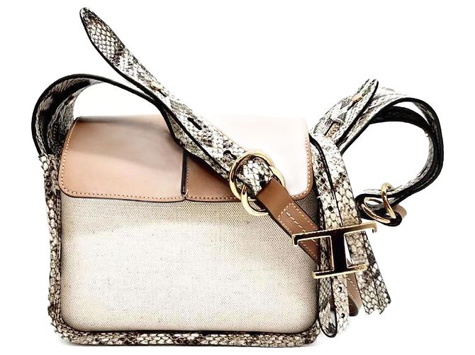 Bolsa mensageiro T Timeless da Tod's em couro de python e lona Marrom Bege