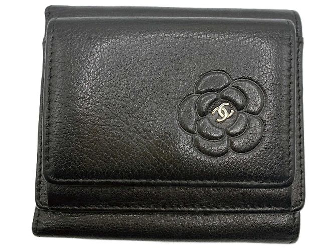 Chanel Camellia Lambskin Compact Wallet Black