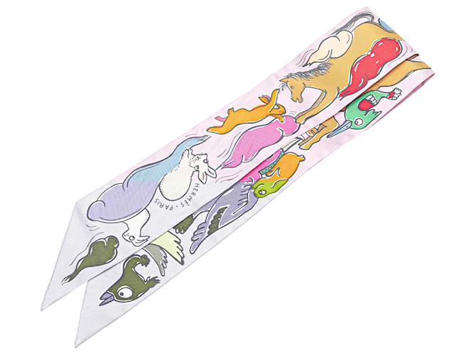 Hermès Pink Mille Et Un Lapins Silk Twilly Scarf Cloth  ref.2069796