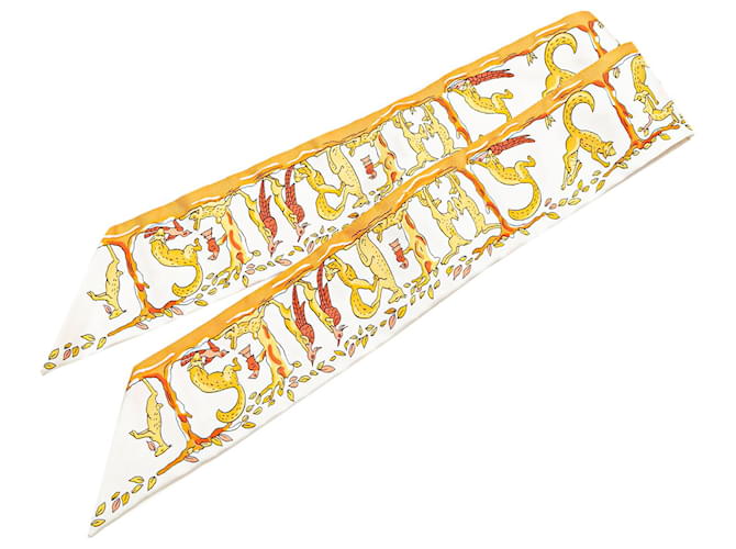 Hermès White Alphabet Twilly Silk Scarf Cloth  ref.2070059