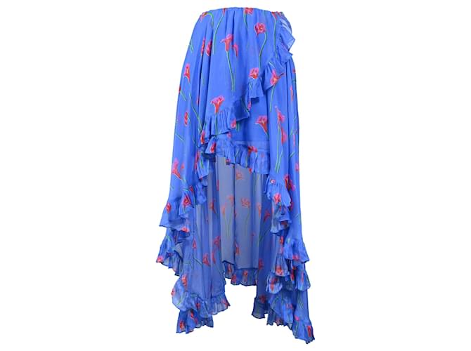 Autre Marque Caroline Constas Printed Ruffled Asymmetric Hem Adelle Midi Skirt in Blue Silk  ref.2070463