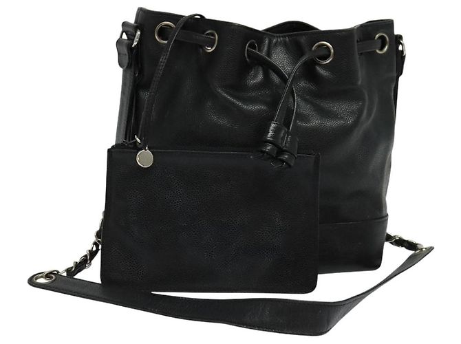 Borsa a spalla CHANEL in pelle caviar nera con CC argento Auth BA125 Nero