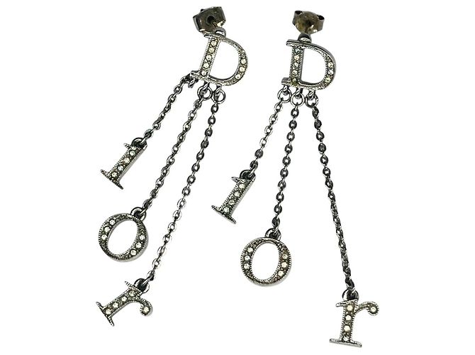 Christian Dior Rhinestone Crystal Dangling Silver Earrings Silvery