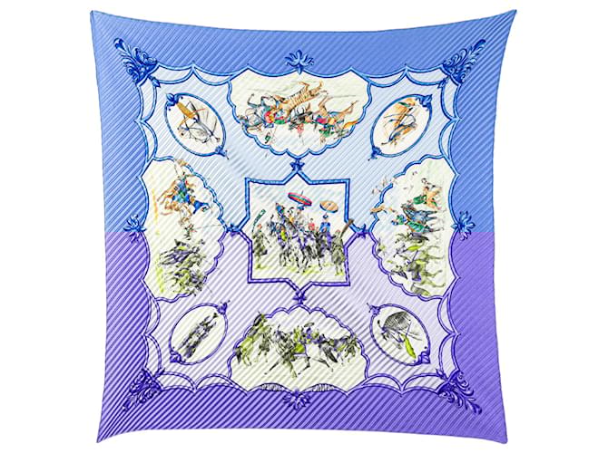Hermès Blue Les Chevaux des Moghols Pleated Silk Scarf Cloth  ref.2072277