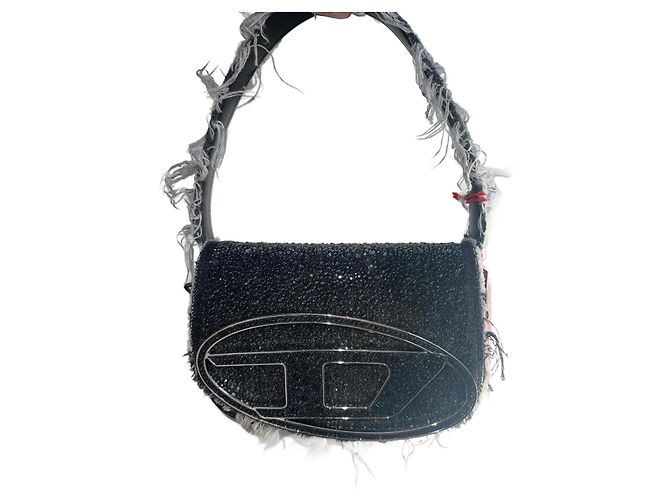 Bolsa Diesel 1DR Cinza Escuro em Denim e Couro com Cristais Cinza antracite