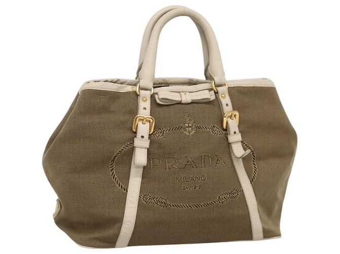 PRADA Handtasche aus Canvas Leder beige weiß gold Auth am7707 Golden