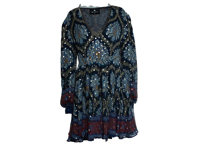 Etro, minivestido de seda jacquard con mangas abullonadas en azul