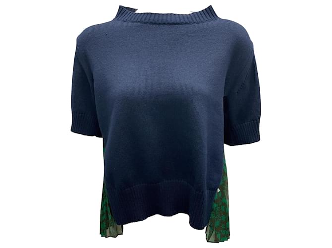 Sacai Navy / Green Floral Print Knit Pullover Navy blue Cotton  ref.2073974