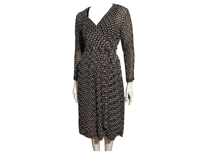 Diane Von Furstenberg DvF Solenn Chiffon Wickelkleid mit Unterkleid Braun Mehrfarben