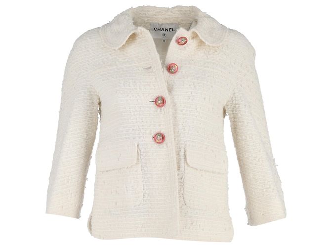 Timeless Chanel Einreiher mit Rundkragen aus weißem Tweed-Baumwolle Roh