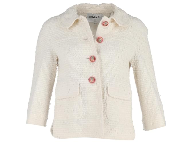 Timeless  Chanel Round Collar Single-Breasted Blazer in White Tweed Cotton Cream  ref.2074340